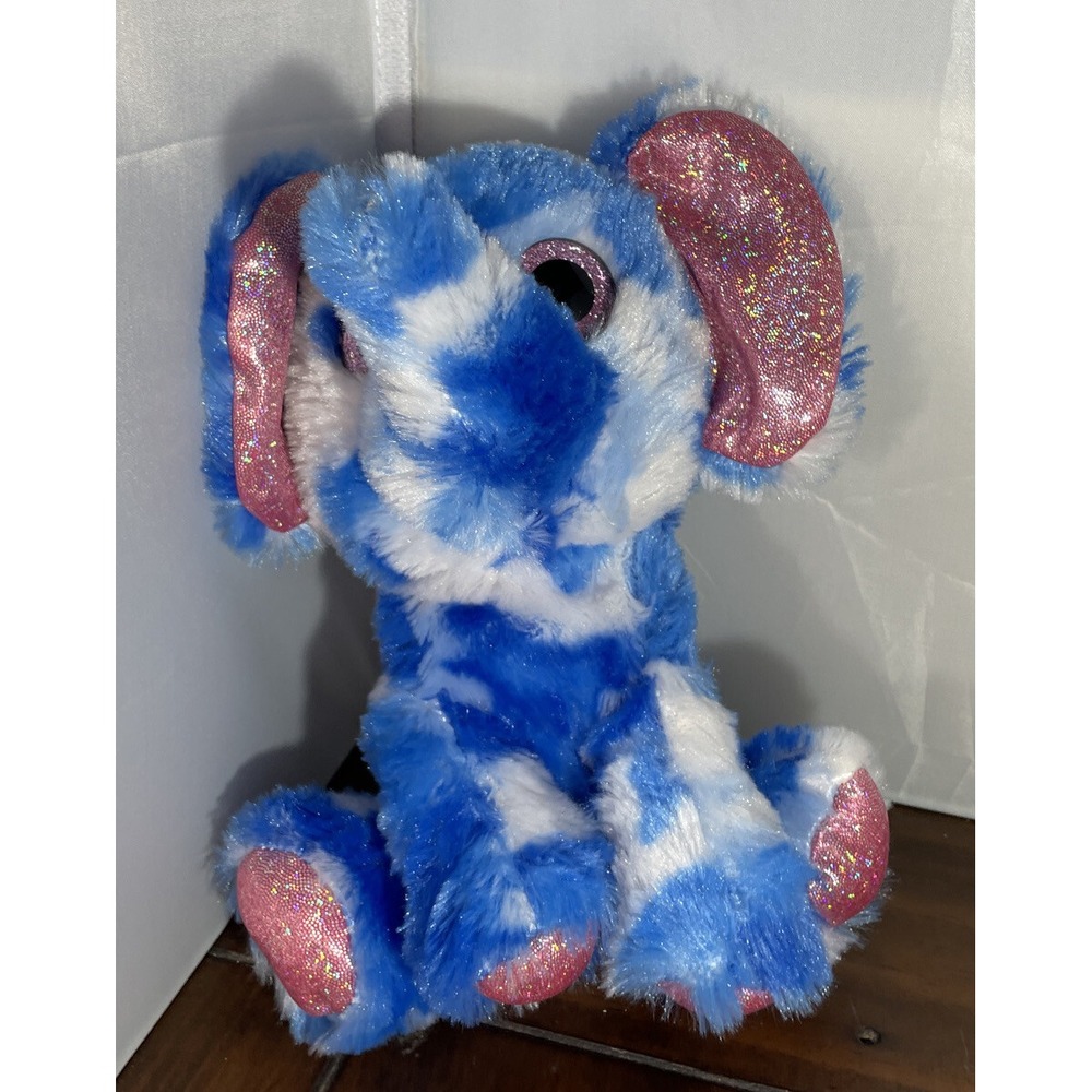 Goffa Kids Small Plush Elephant Blue White Tie Dye Pink Glitter Sparkle Eyes